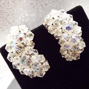 VINTAGE AURORA BOREALIS FACETED CRYSTAL CRESCENT SHAPED CLIP EARRINGS 71